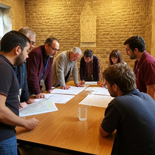 Residents reviewing maps around a table at a community meeting