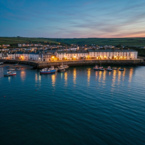 A Cornish harbour at dusk with lit-up village houses