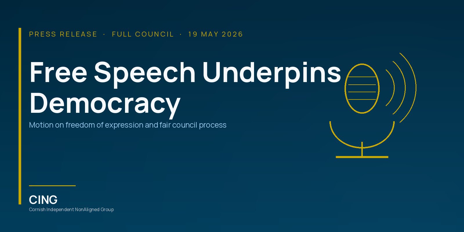 A gold studio microphone with sound waves on a navy background — CING press release on the freedom of expression and fair process motion.